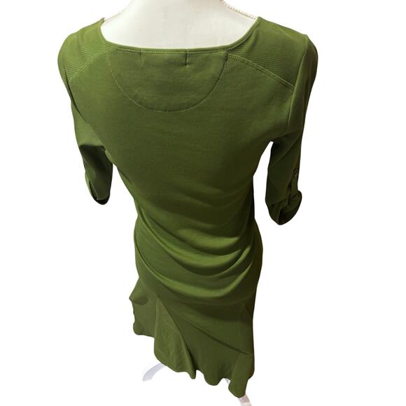Ladies Medium Ralph Lauren olive green rib jersey dress button roll-tab sleeve - Picture 2 of 13